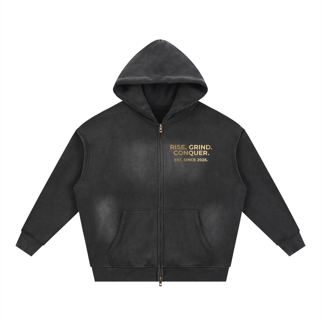 Rise. Grind. Conquer. Zipper Fade Boxy Fleece Hoodie (Limited)